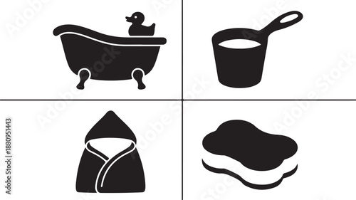 Four black and white of a bathtub duck a ladle a cone and a blob