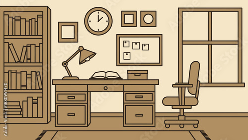 A minimalist vector illustration of a home office with a desk and chair