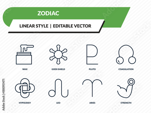 zodiac icons set - wax, gods shield, pluto, aries, strength outline vector collection.