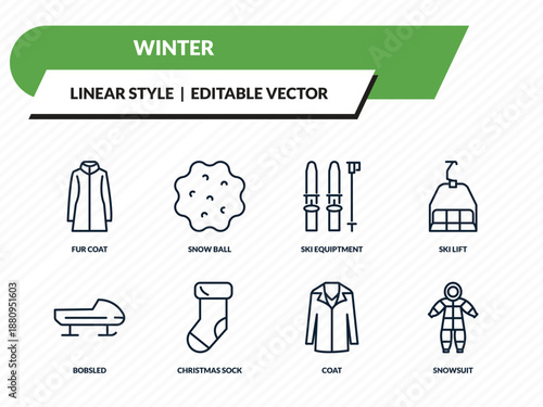 winter icons set - fur coat, snow ball, ski equiptment, coat, snowsuit outline vector collection.
