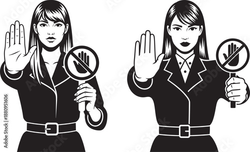 Two professional women in suits making a stop gesture and holding forbidden signs, concept for refusal, policy or limitation in business. Vector