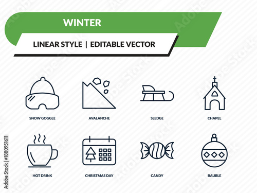 winter icons set - snow goggle, avalanche, sledge, candy, bauble outline vector collection.