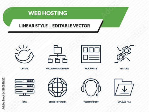 web hosting icons set - uptime, folder management, mockup de, tech support, upload file outline vector collection.