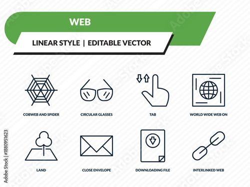 web icons set - cobweb and spider, circular glasses, tab, downloading file, interlinked web outline vector collection.