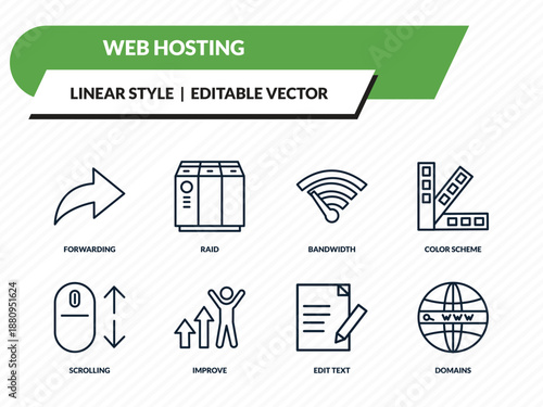 web hosting icons set - forwarding, raid, bandwidth, edit text, domains outline vector collection.
