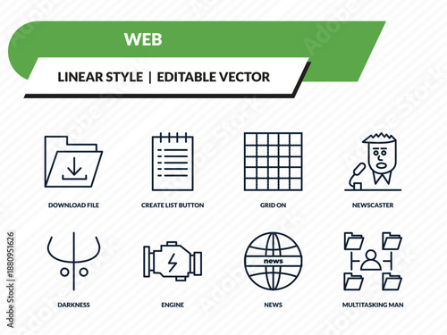 web icons set - download file, create list button, grid on, news, multitasking man outline vector collection.