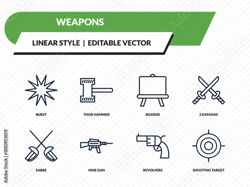 weapons icons set - burst, thor hammer, boards, revolvers, shooting target outline vector collection.