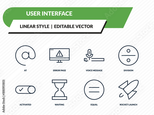 user interface icons set - at, error page, voice message, equal, rocket launch outline vector collection.