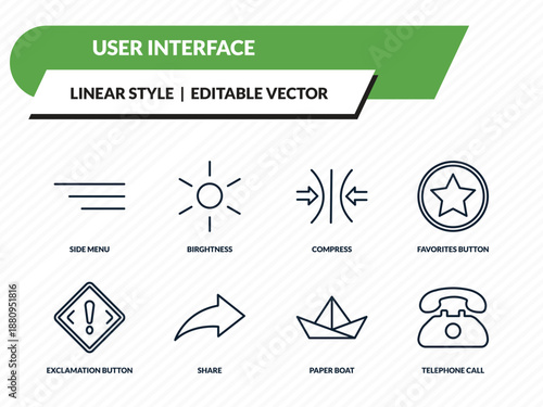 user interface icons set - side menu, birghtness, compress, paper boat, telephone call outline vector collection.