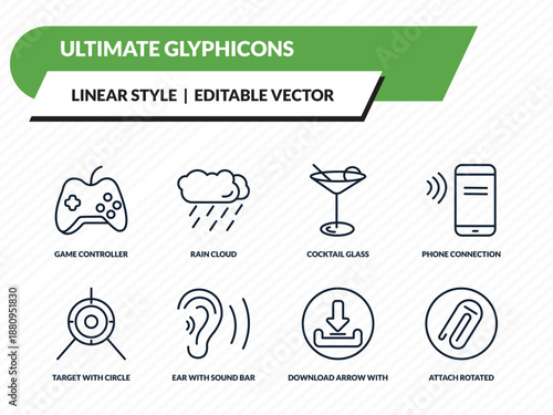 ultimate glyphicons icons set - game controller cross, rain cloud, cocktail glass, download arrow with bar, attach rotated outline vector collection.