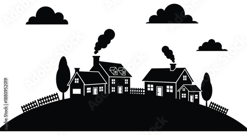 a simplified illustration featuring buildings with chimney smoke and surrounding trees depicted in a striking black and white silhouette high quality
