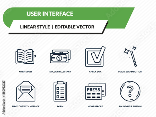 user interface icons set - open diary, dollar bills stack, check box, news report, round help button outline vector collection.