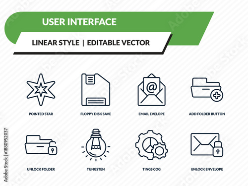 user interface icons set - pointed star, floppy disk save button, email evelope, tings cog, unlock envelope outline vector collection.