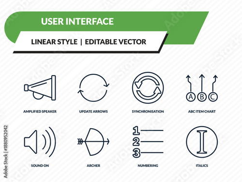user interface icons set - amplified speaker, update arrows, synchronisation, numbering, italics outline vector collection.