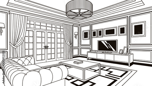 A modern living room interior design in a minimalist line art style