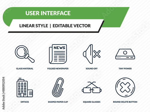 user interface icons set - glass material, folded newspaper, sound off, square glasses, round delete button outline vector collection.
