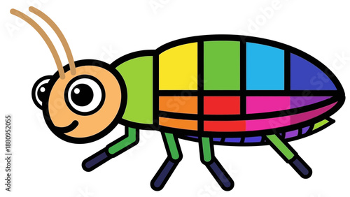 A colorful cartoon insect with a smiley face and multicolored body
