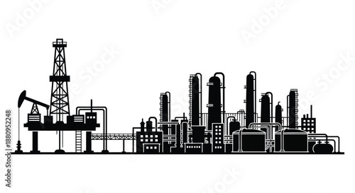 industrial oil refinery complex with drilling rig silhouette high quality professional detailed modern elegant stylish clean crisp vibrant colorful digital creative