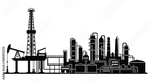 an industrial landscape featuring an oil derrick refinery structures and pipelines depicted in a stark black silhouette high quality professional detailed
