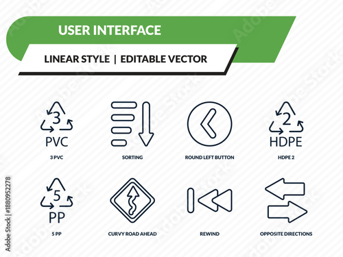 user interface icons set - 3 pvc, sorting, round left button, rewind, opposite directions outline vector collection.