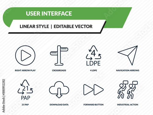 user interface icons set - right arrow play button, crossroads, 4 ldpe, forward button, industrial action outline vector collection.