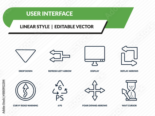 user interface icons set - drop down, refresh left arrow, display, four expand arrows, wait cursor outline vector collection.