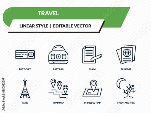 travel icons set - bus ticket, baby bag, claim, unfolded map, moon and tree outline vector collection.