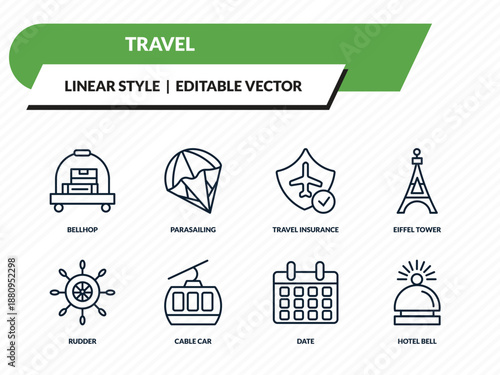 travel icons set - bellhop, parasailing, travel insurance, date, hotel bell outline vector collection.