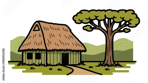 A vector graphic illustration of a small hut with a thatched roof and a tree