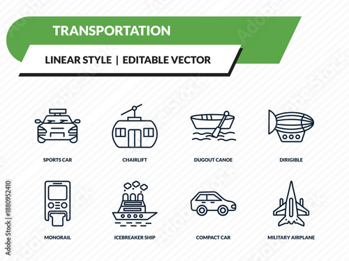 transportation icons set - sports car, chairlift, dugout canoe, compact car, military airplane outline vector collection.