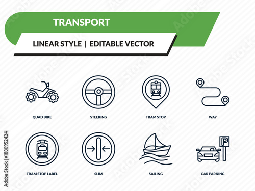transport icons set - quad bike, steering, tram stop, sailing, car parking outline vector collection.