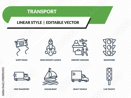 transport icons set - slippy road, space rocket launch, airport checking, heavy vehicle, car traffic outline vector collection.