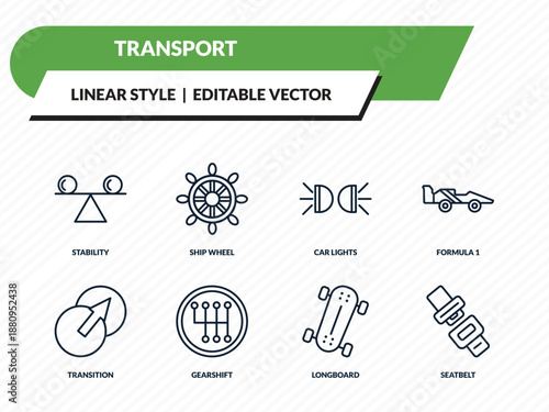 transport icons set - stability, ship wheel, car lights, longboard, seatbelt outline vector collection.