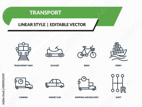 transport icons set - train front view, go kart, bikes, shipping and delivery, shift outline vector collection.