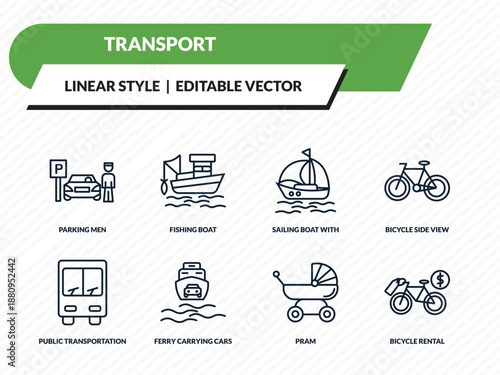 transport icons set - parking men, fishing boat, sailing boat with veils, pram, bicycle rental outline vector collection.