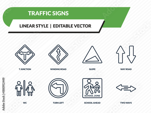 traffic signs icons set - t junction, winding road, slope, school ahead, two ways outline vector collection.