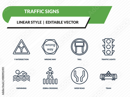 traffic signs icons set - y intersection, wrong way, tall, wide road, tram outline vector collection.