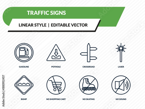 traffic signs icons set - gasoline, pothole, crossroad, no skating, no sound outline vector collection.