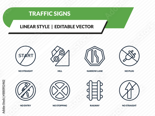 traffic signs icons set - no straight, hill, narrow lane, railway, no straight outline vector collection.