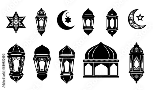 Ramadan and Eid lantern silhouette icon collection
