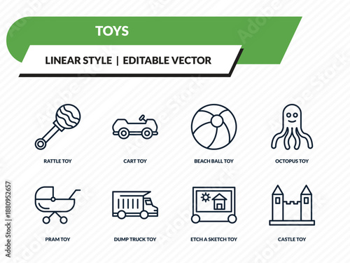 toys icons set - rattle toy, cart toy, beach ball toy, etch a sketch castle outline vector collection.