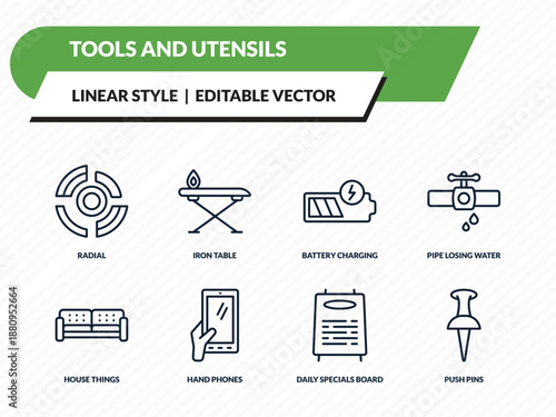 tools and utensils icons set - radial, iron table, battery charging, daily specials board, push pins outline vector collection.