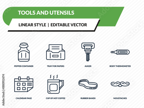 tools and utensils icons set - pepper container, tray for papers, auger, rubber bands, moustaches outline vector collection.