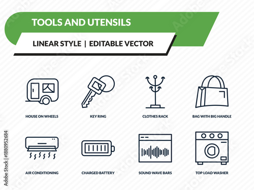 tools and utensils icons set - house on wheels, key ring, clothes rack, sound wave bars, top load washer outline vector collection.