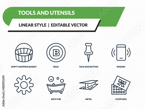 tools and utensils icons set - empty shopping basket, bold, tack save button, metal, chote box outline vector collection.