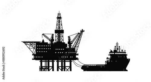 A striking visual representation of an offshore oil rig and support vessel presented in a dark dramatic silhouette high quality professional