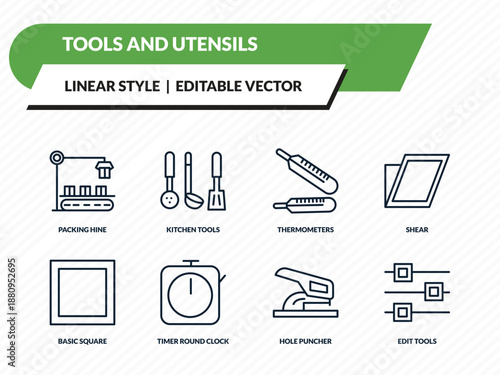 tools and utensils icons set - packing hine, kitchen tools, thermometers, hole puncher, edit tools outline vector collection.