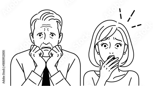 A shocked man and woman with hands over their mouths in a vector graphic