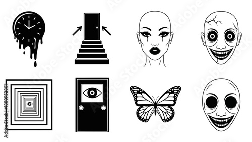 A set of eight minimalist black and white vector illustrations and icons