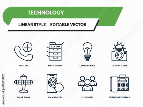 technology icons set - add call, photocopier, old light bulb, customers, telephone with fax outline vector collection.